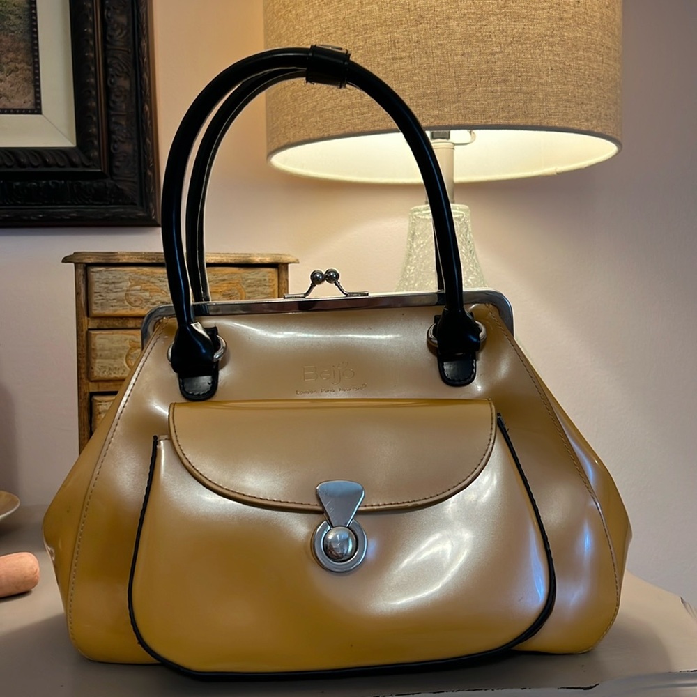 Yellow patent leather bowling bag style purse